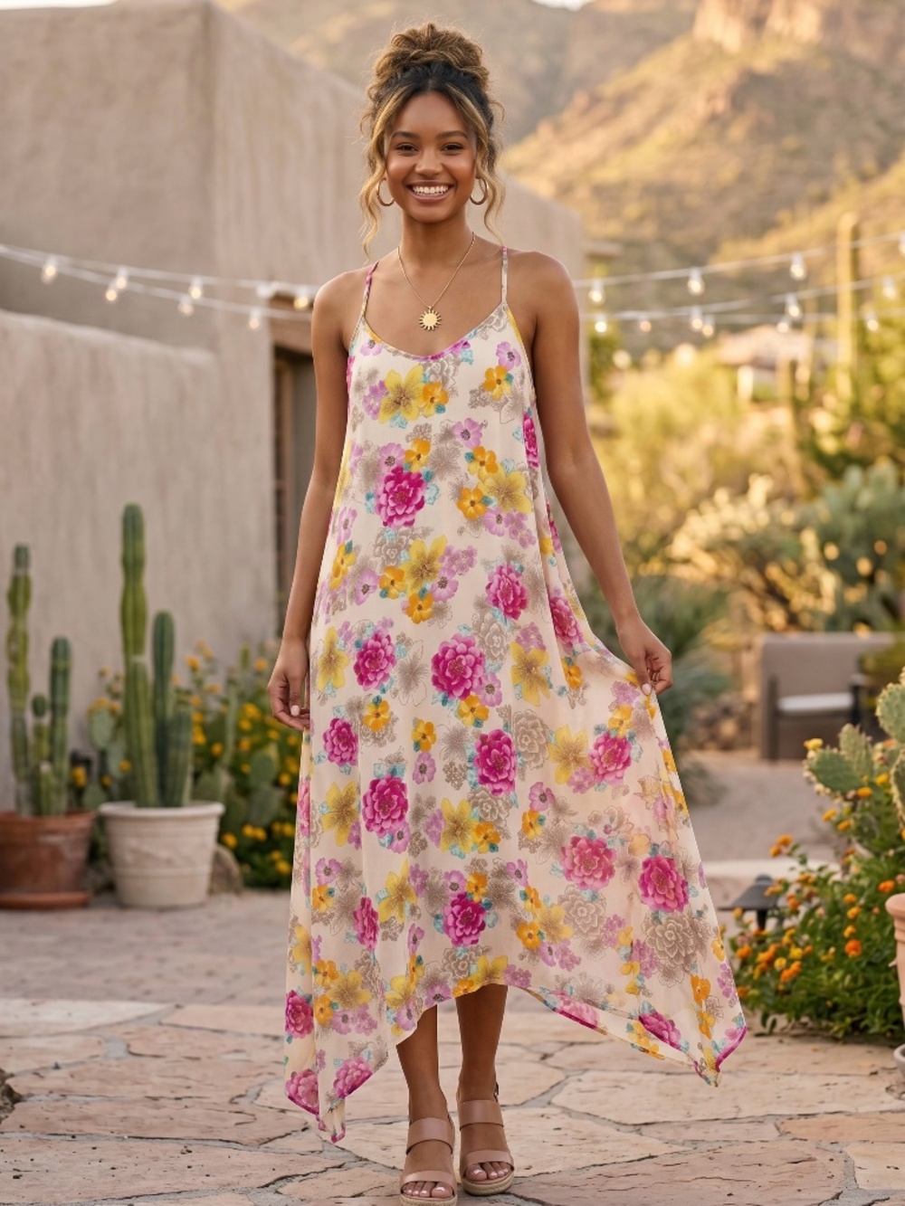 Lovestitch Tan Pink Floral Asymmetrical Midi Dress | V Neck Racerback - Picture 2 of 5